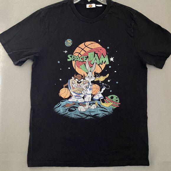 Space Jam T-Shirt Adult Large Black Front Graphic Bugs Taz Daffy Y2K Cartoon - Picture 1 of 9